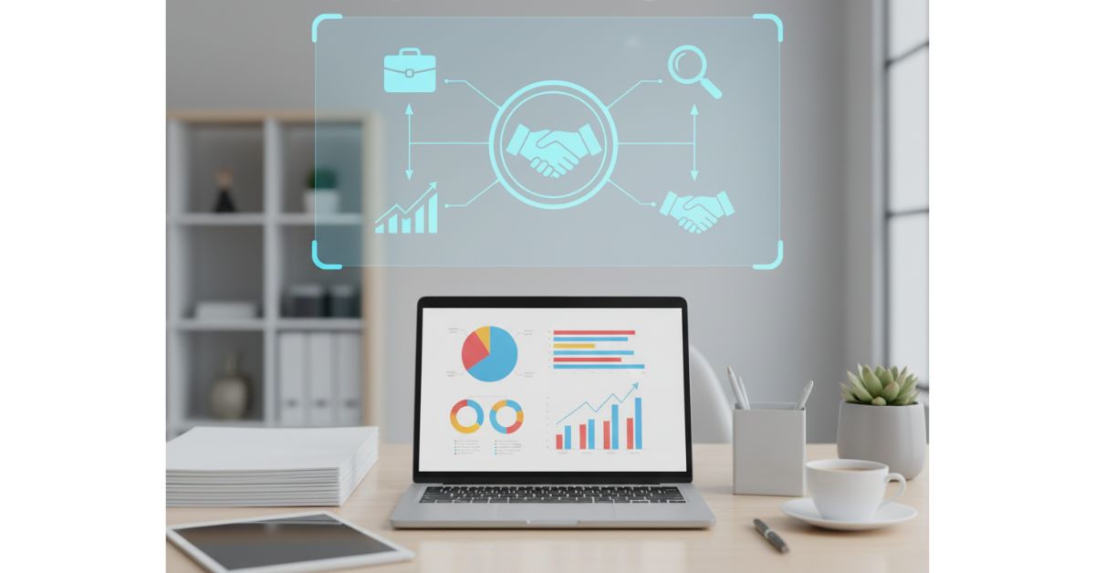 Modern desk with laptop displaying graphs, documents, and floating digital icons of handshake, people, and gears representing recruitment.