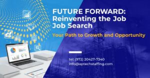 Clean office desk with a laptop displaying a job search dashboard and organized documents