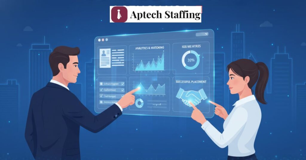 A corporate-style illustration with a futuristic, blue and white tech aesthetic