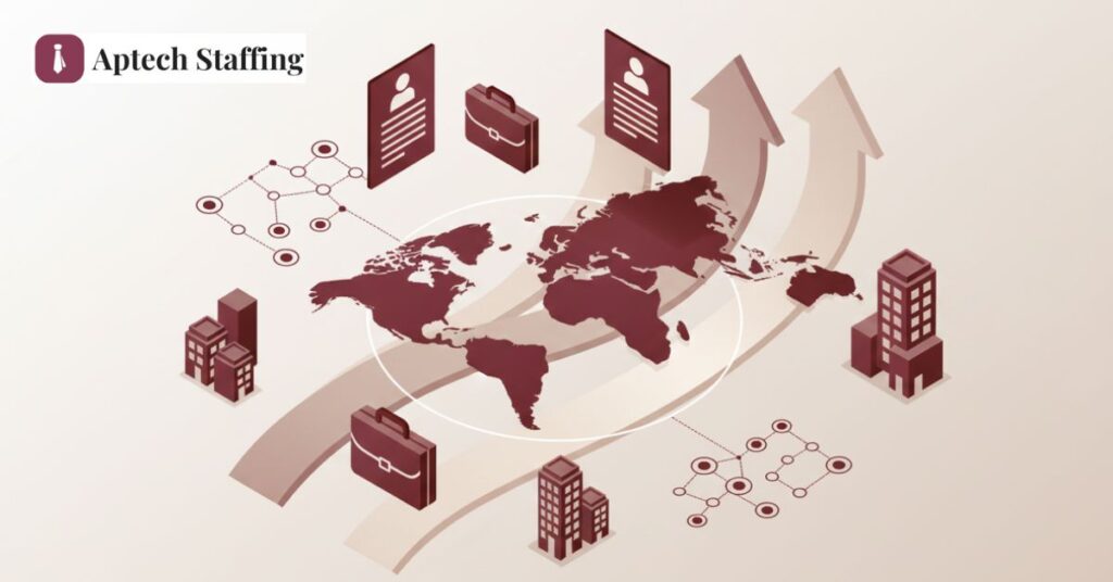 Modern corporate illustration of USA staffing services with blue and white abstract icons.