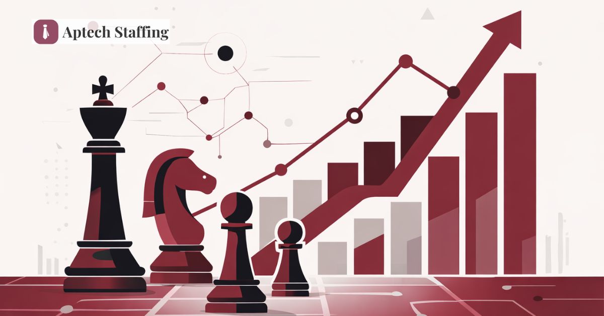 Flat illustration of strategic IT recruitment growth with chess pieces and upward graph.