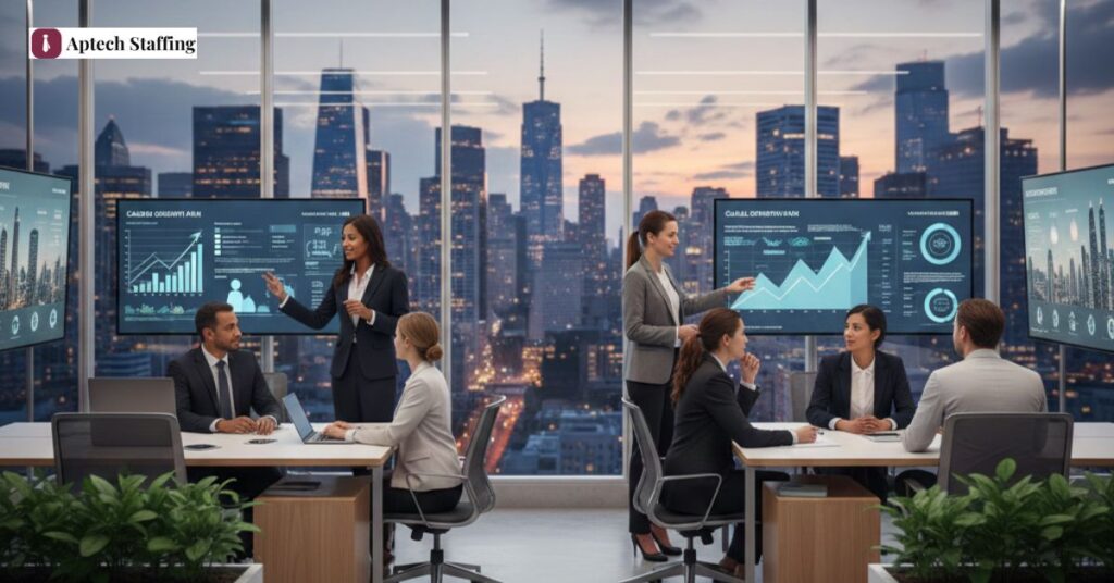 Recruitment professionals guiding candidates toward career growth at a leading recruitment agency in the USA.