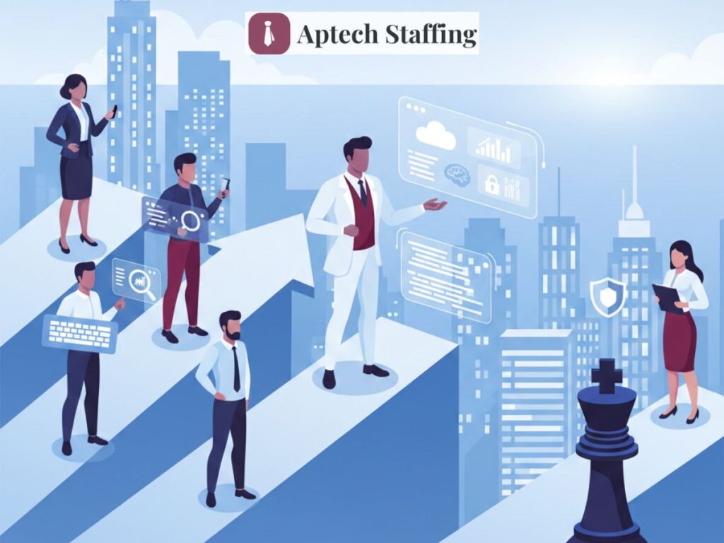 An isometric illustration of diverse IT professionals on arrow-shaped paths, guided by a mentor using holographic data screens.