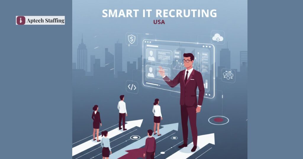 modern corporate illustration of a male recruiter using a holographic screen to review IT profiles against a U.S.