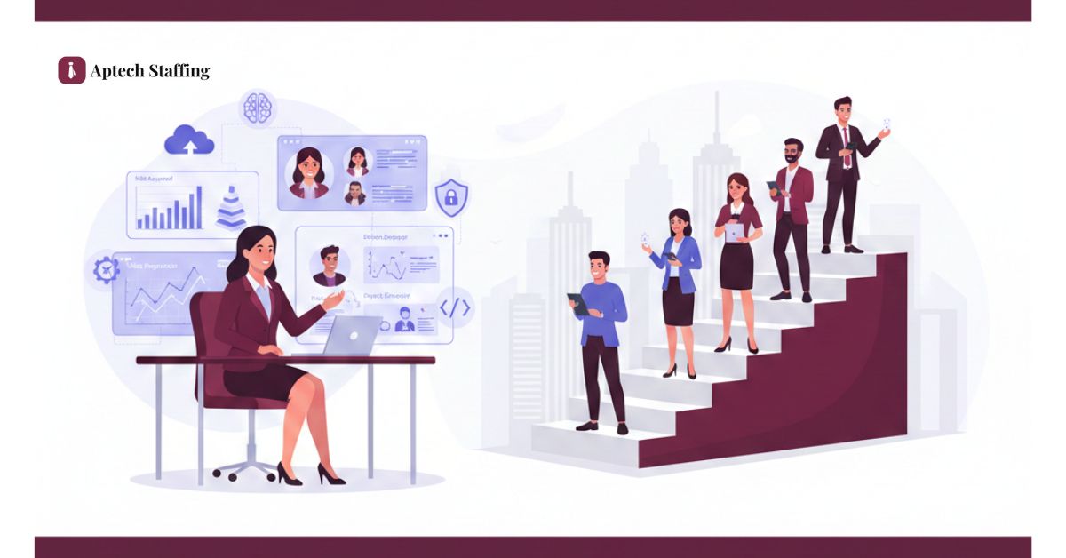 Strategic IT recruiting illustration with data analytics and career growth concept for a top IT staffing company in USA.