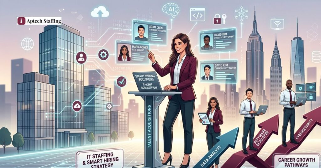 IT staffing concept showing recruiter connecting talent with companies, representing best IT staffing companies in USA.