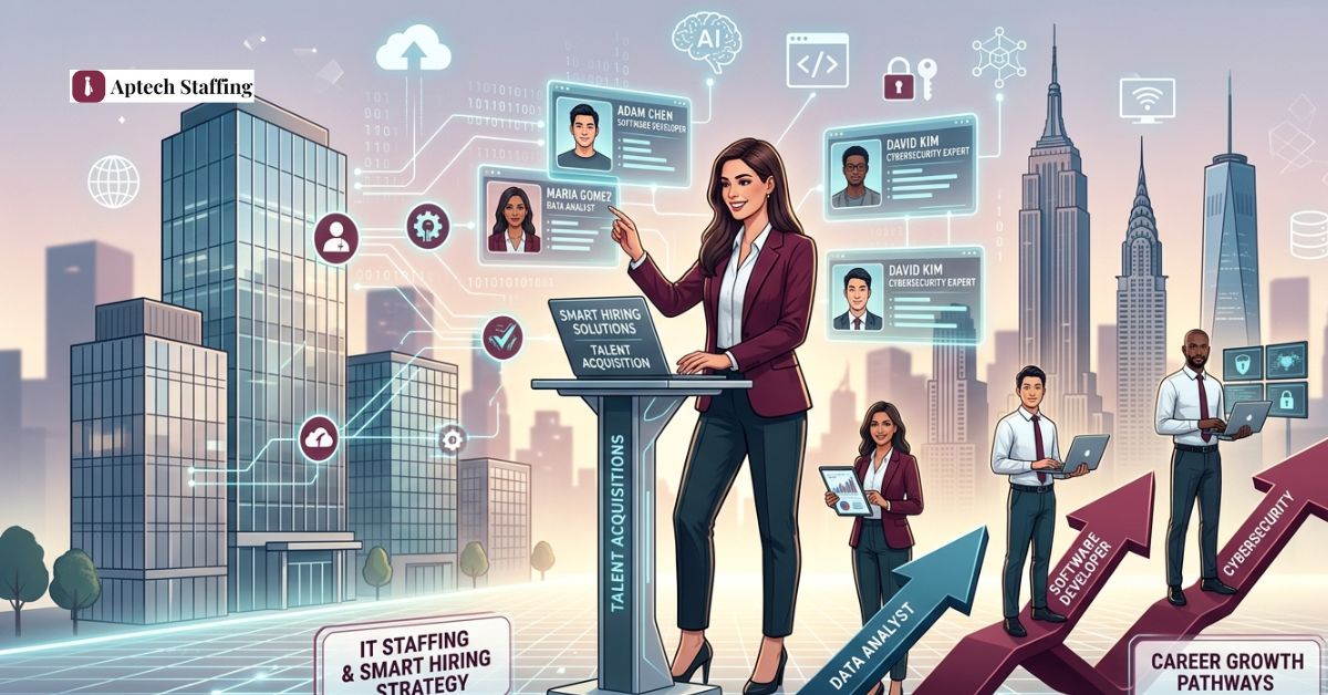 IT staffing concept showing recruiter connecting talent with companies, representing best IT staffing companies in USA.