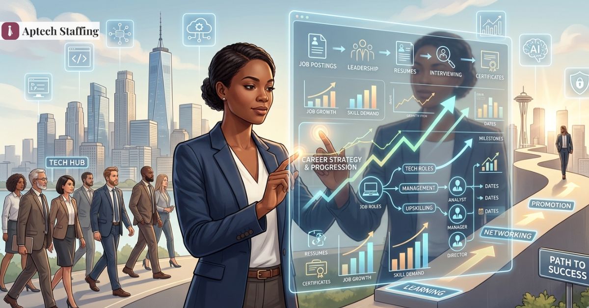 Professional analyzing career growth strategy with digital charts, representing strategic career planning in a competitive job market.