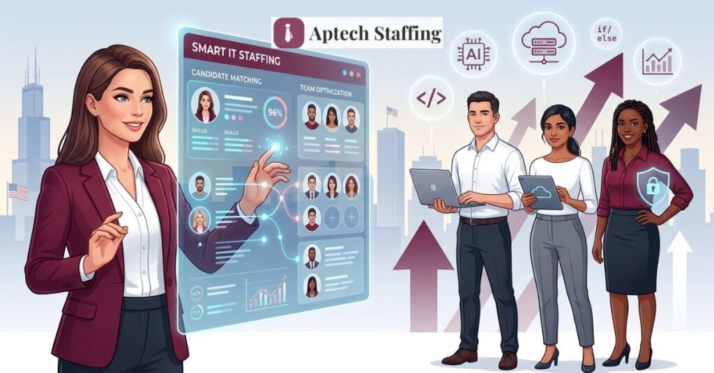 IT staffing concept showing recruiter building strong tech teams and career growth.